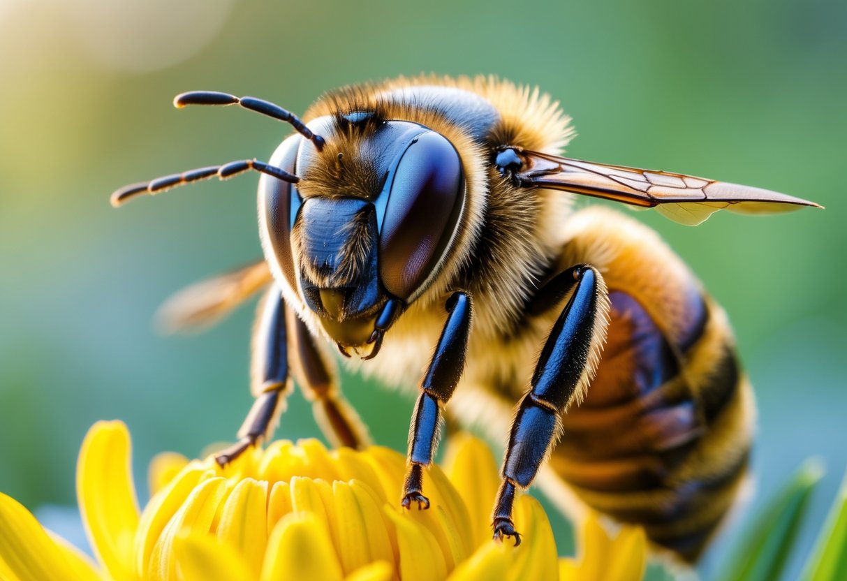 A honeybee perched on a yellow flower facing forward with its eyes visible, surrounded by green blurred foliage.