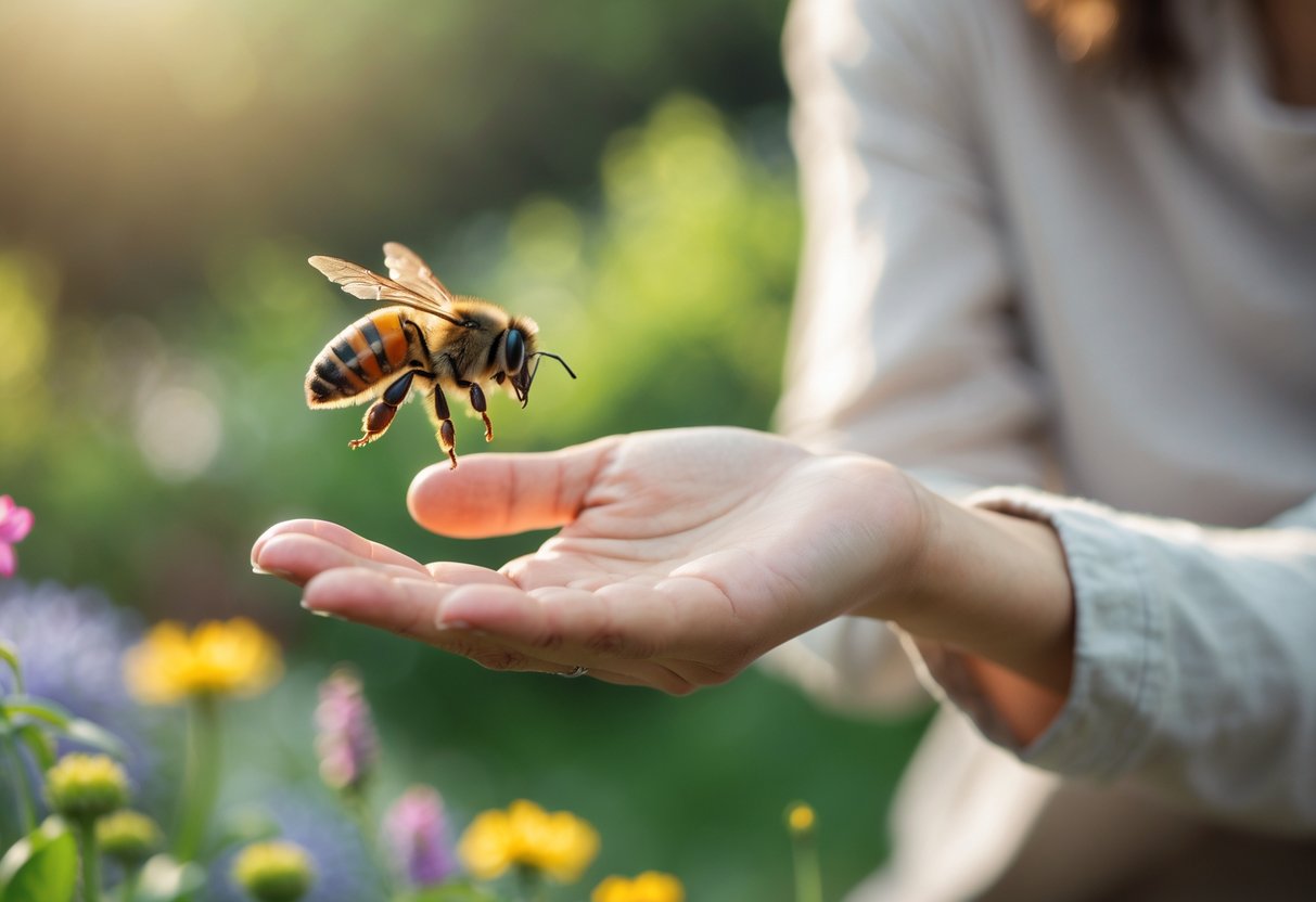 A person calmly holding out their hand near a bee hovering in a garden with flowers and green plants.