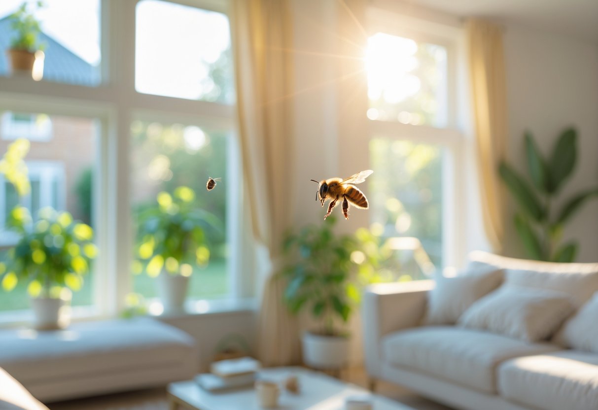 A bee flying into a bright living room through an open window with sunlight and plants nearby.