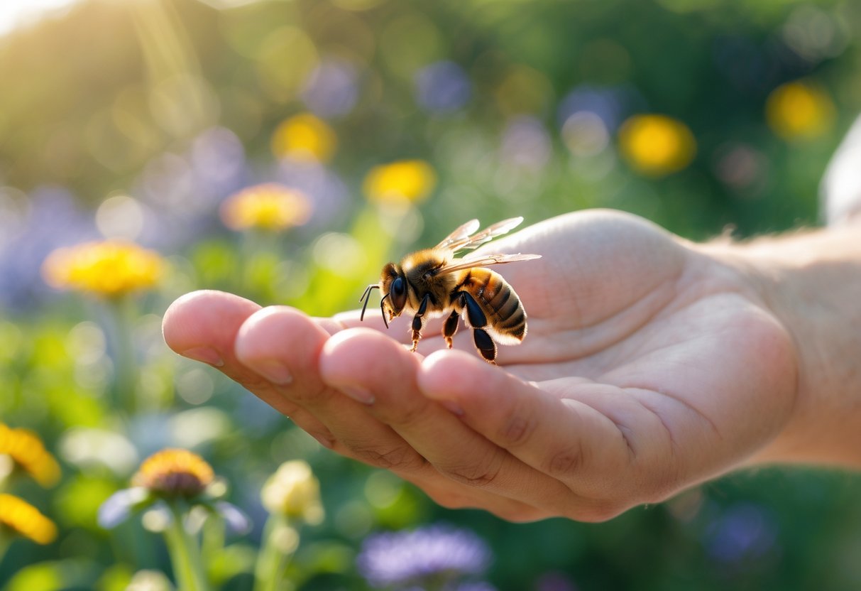A person gently holding a bee on their finger in a colorful garden with flowers and greenery.