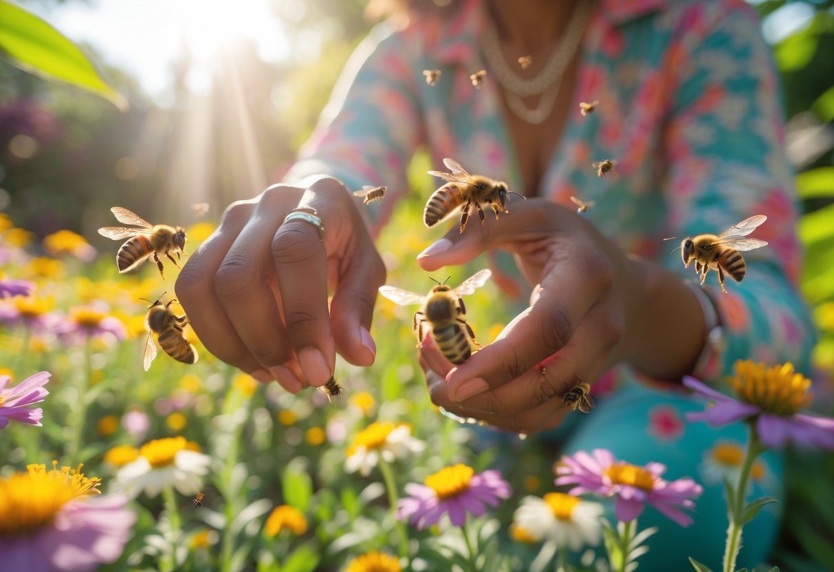 A person outdoors in a garden with bees hovering near their face and hands among colorful flowers.