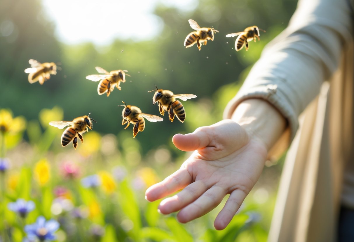 A person outdoors with bees flying towards their outstretched hand in a garden setting.