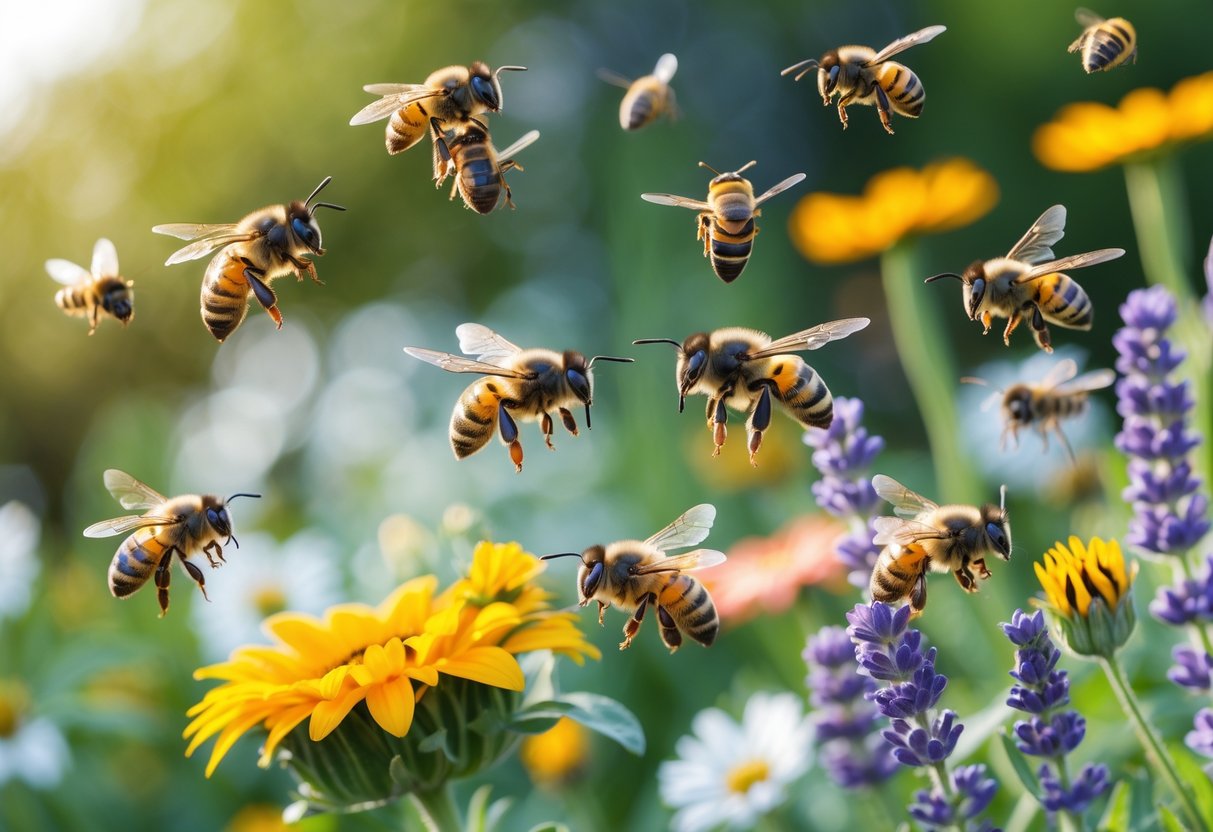 Close-up of bees and similar insects flying near colorful flowers in a garden.