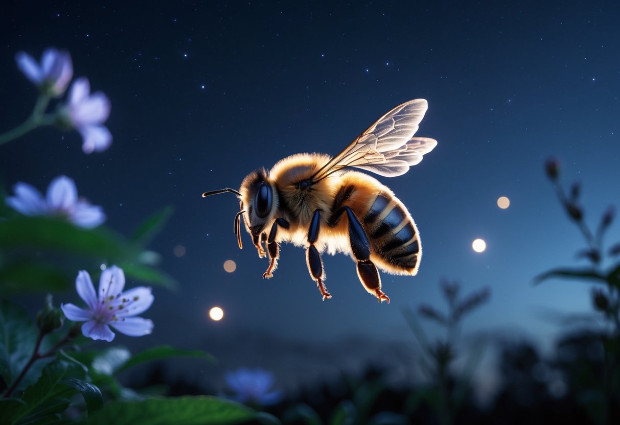 A bee flying at night with a dark starry sky and glowing fireflies around it.