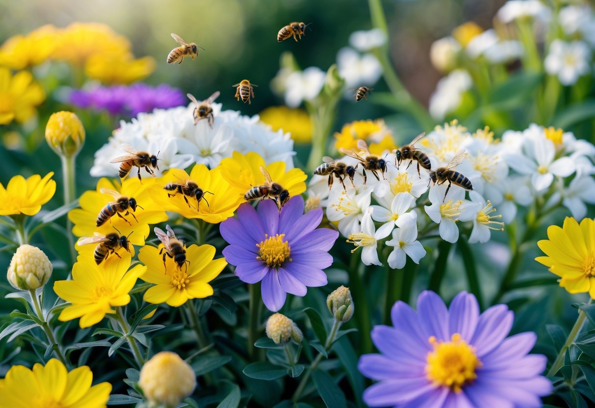 A garden with colorful flowers including yellow, white, and purple blossoms, with bees on yellow flowers and wasps near white flowers among green foliage.