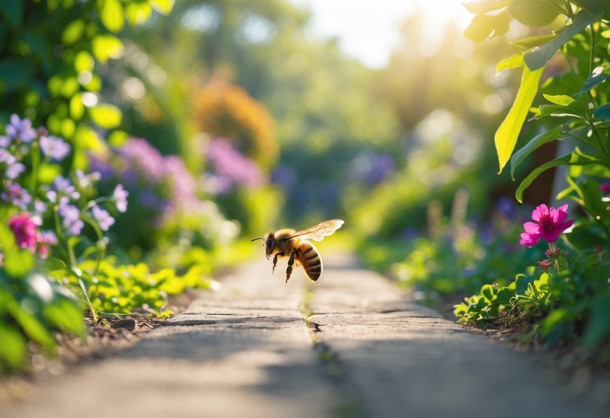 A honeybee flying across a garden path with green plants and colorful flowers around.