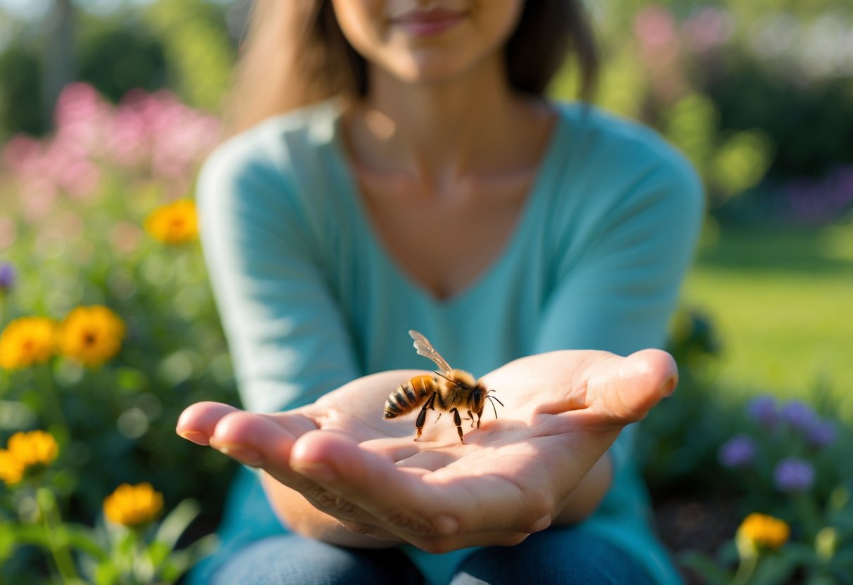 A person calmly sitting outdoors with a bee resting on their hand in a garden.