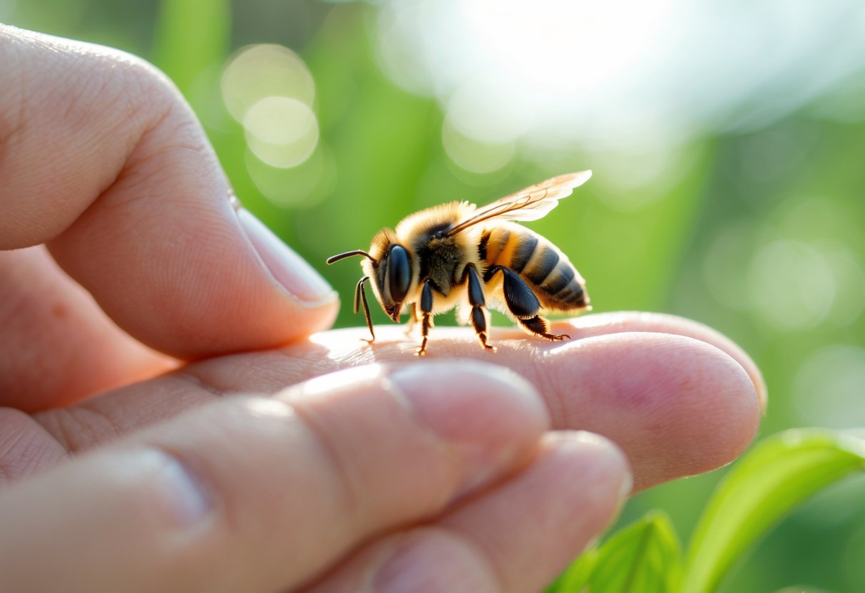 A person gently holding a small bee on their finger outdoors with a blurred green background.