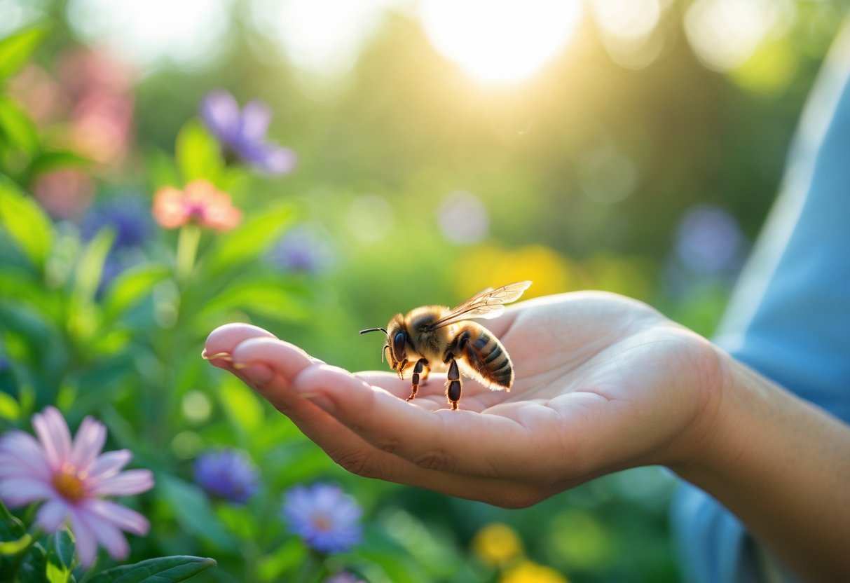 A close-up of a person’s hand with a bee resting on their finger in a garden with flowers and greenery.