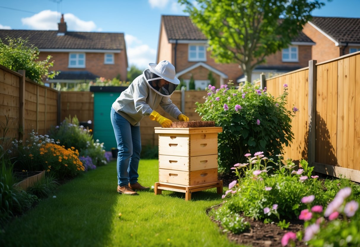 A person tending to a wooden beehive in a green backyard garden with flowers and bees flying around.