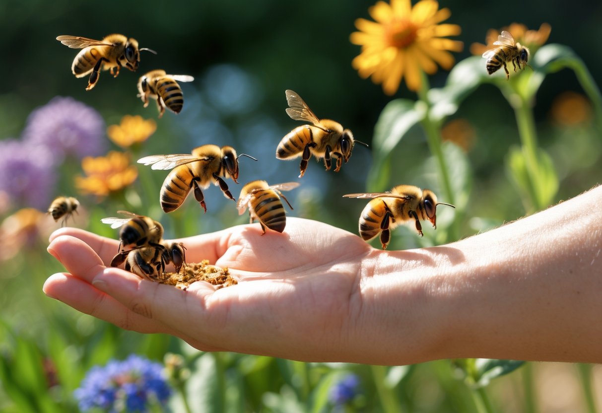 A close-up of a person’s arm with different types of bees landing on it in a garden with flowers.