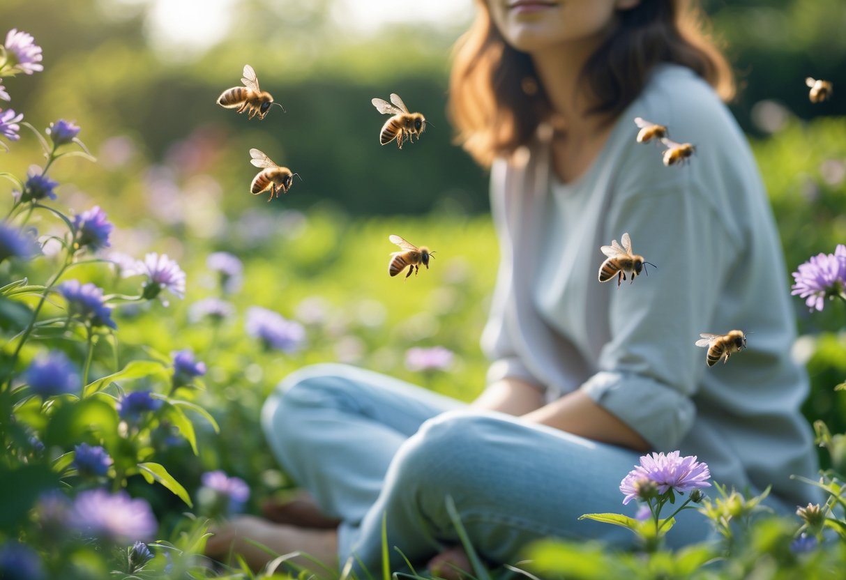 A person sitting calmly in a garden with bees hovering around blooming flowers.