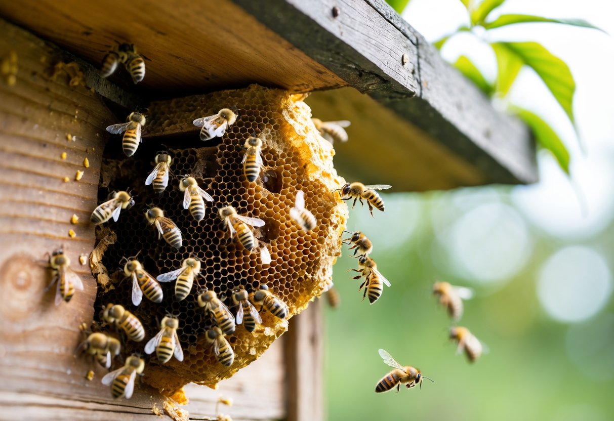 Close-up of a honey bee nest with bees flying around it on a wooden structure outdoors.
