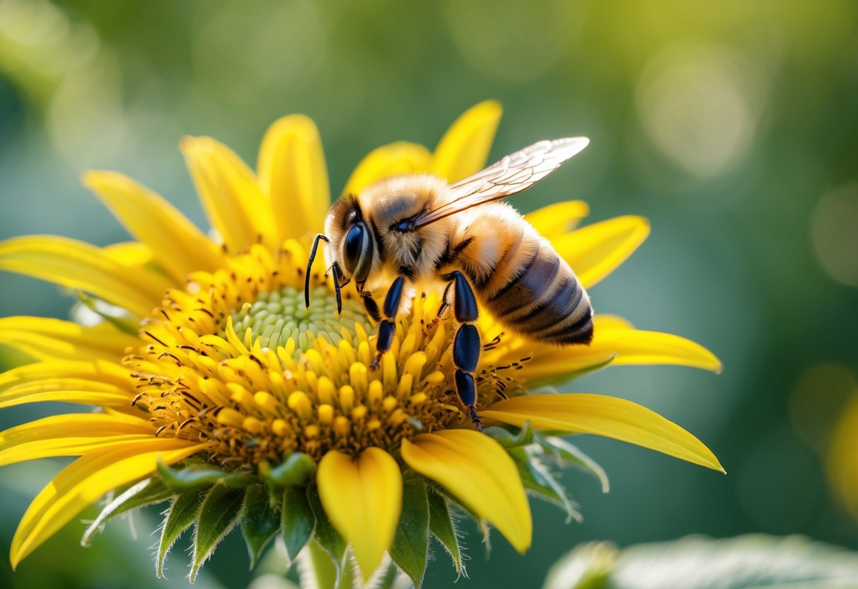 A honey bee resting on a yellow sunflower with green foliage in the background.