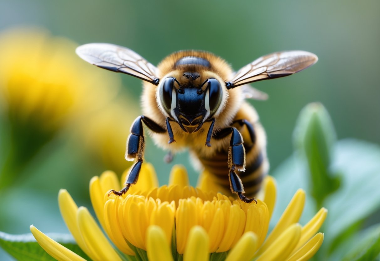 A honeybee sitting on a yellow flower with green foliage in the background.