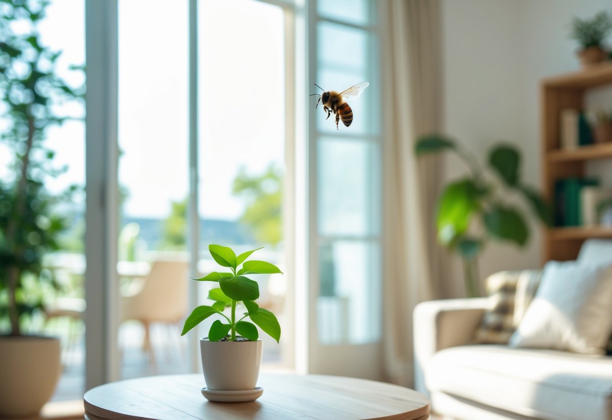 A bee flying inside a bright living room near a potted plant on a wooden table.