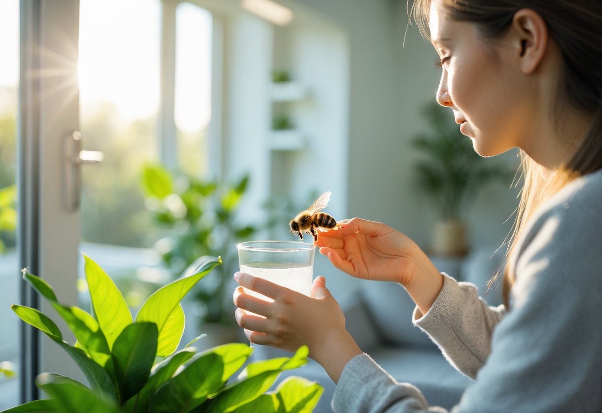 A person gently guiding a bee towards an open window inside a bright living room with houseplants.