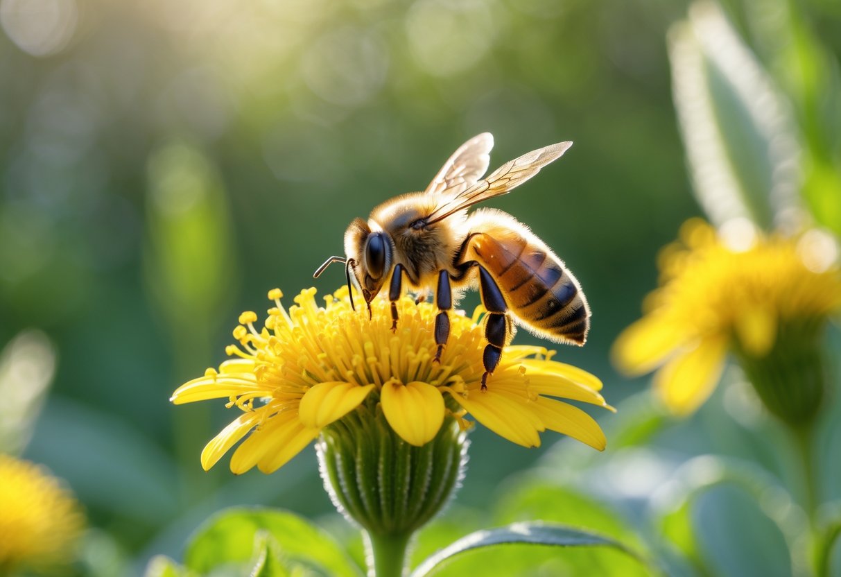 A honeybee sitting on a yellow flower in a green garden.