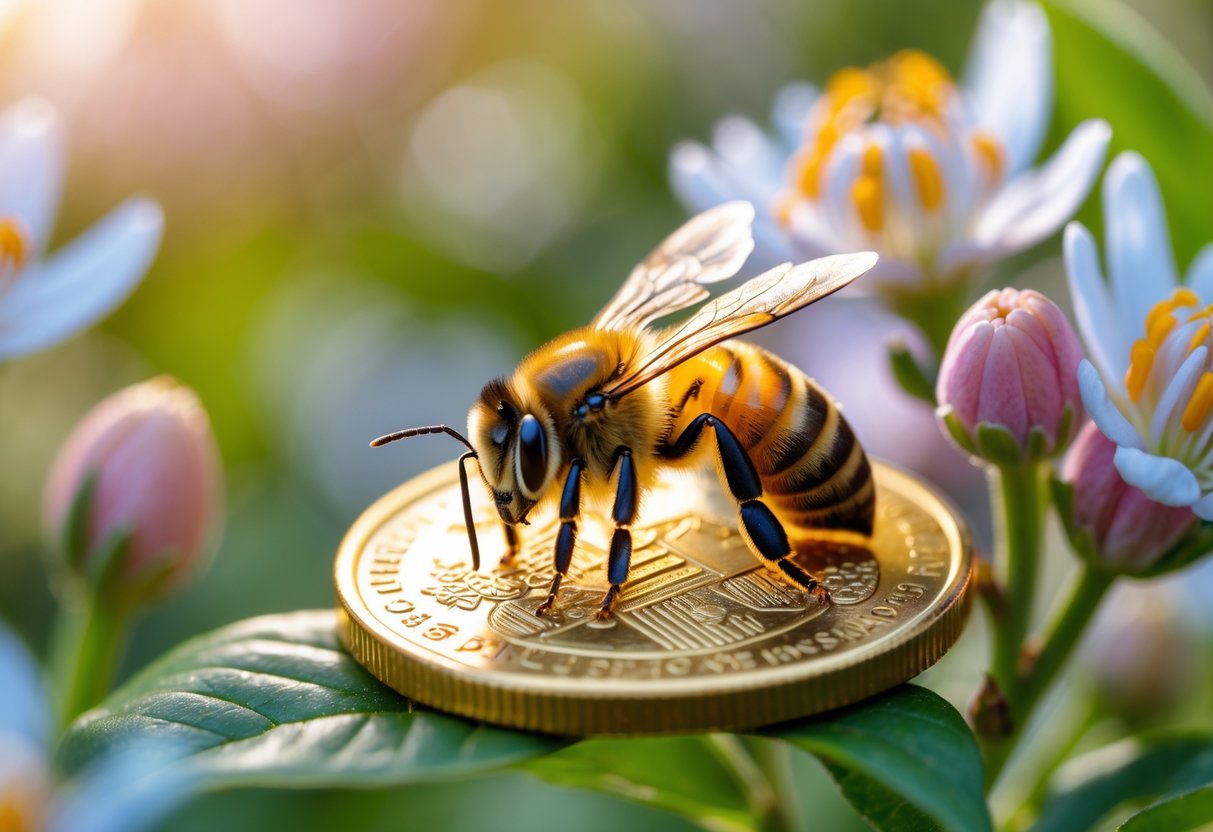 A honeybee resting on a golden coin surrounded by flowers and greenery.