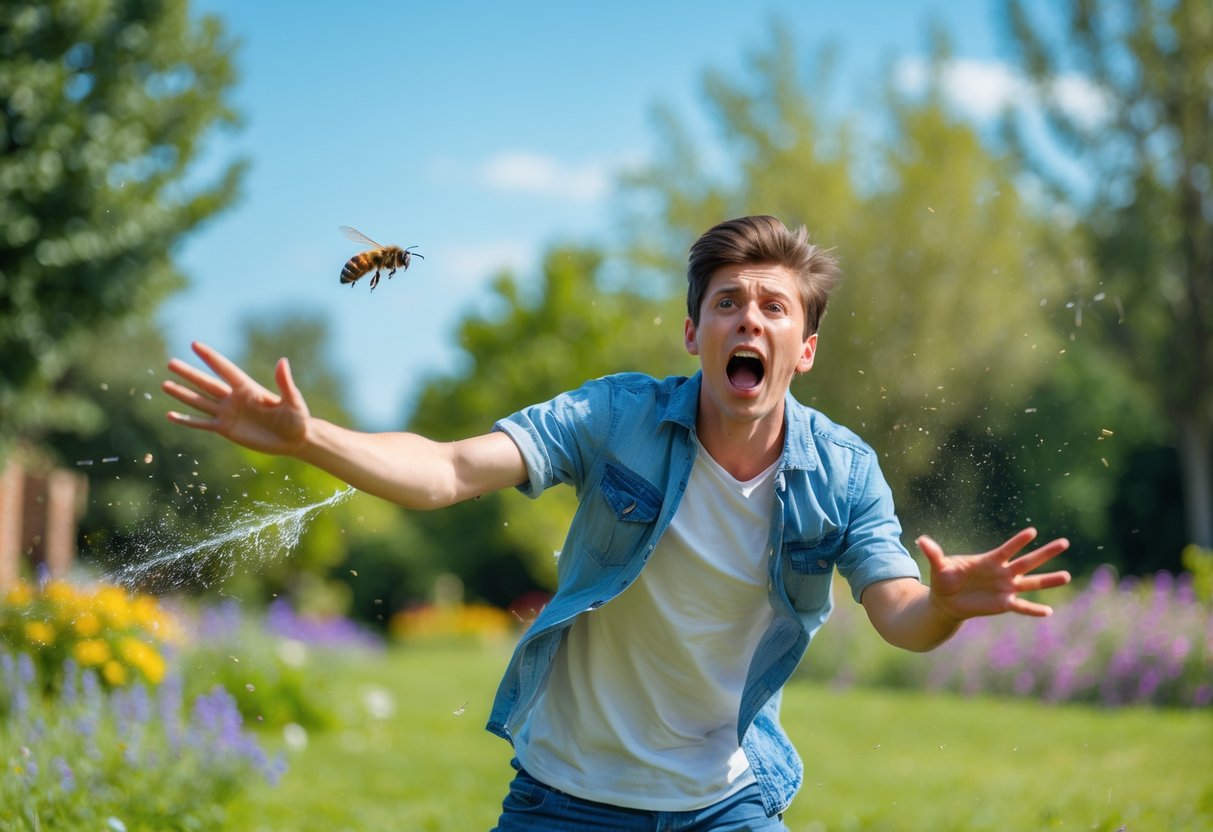 A person outdoors flailing their arms and swatting at a bee flying nearby in a garden.