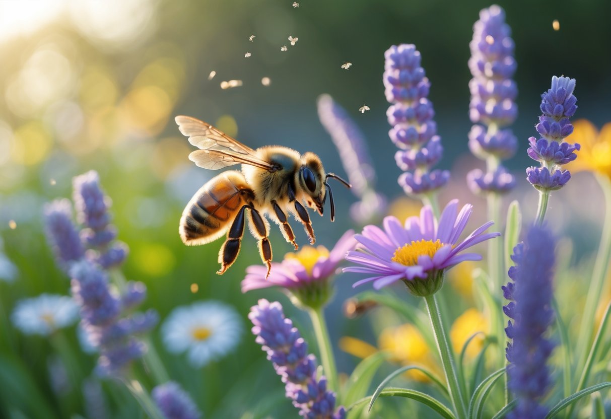 A honeybee flying near colorful flowers in a garden with sunlight and greenery in the background.