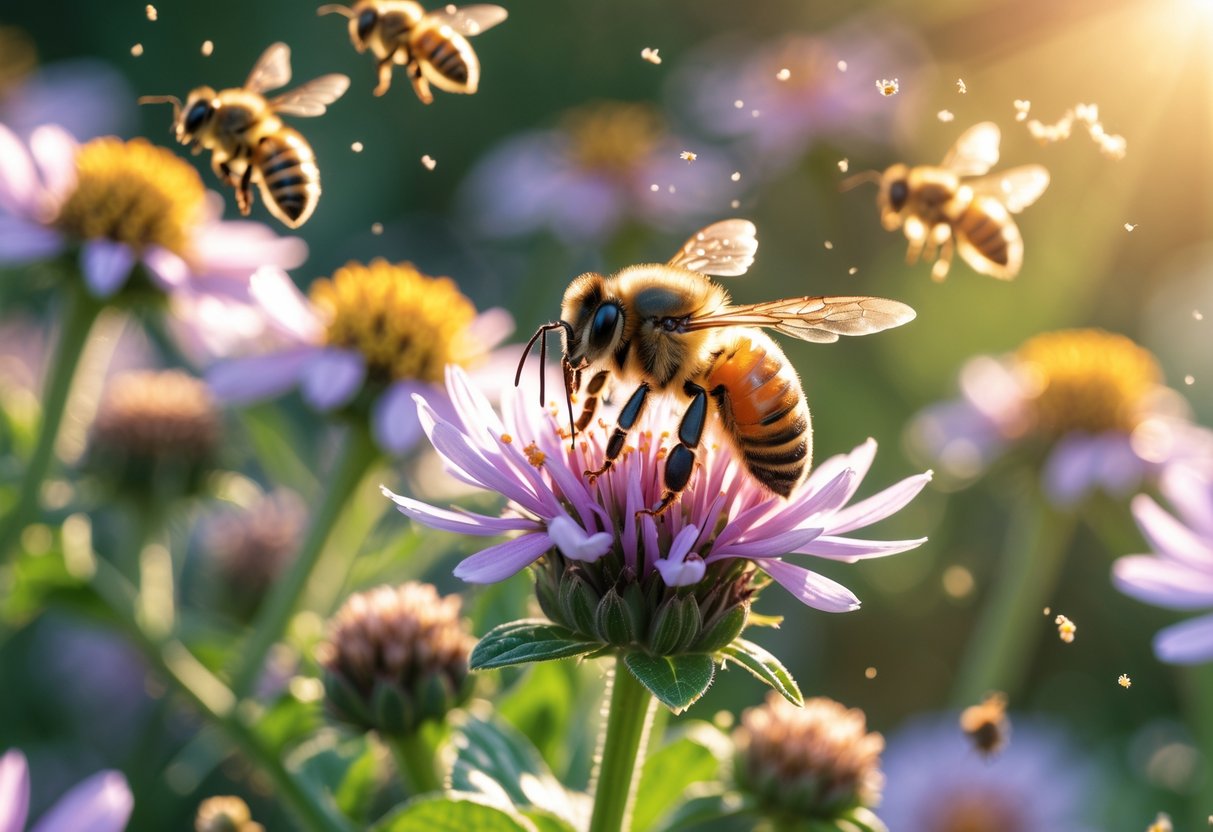 Close-up of a honeybee collecting pollen from a flower in a garden with other bees and blooming flowers in the background.
