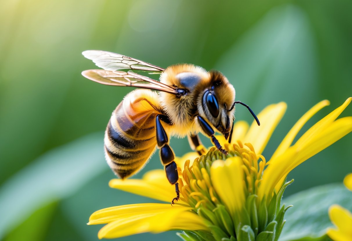 A close-up of a honeybee sitting on a yellow flower with green foliage in the background.