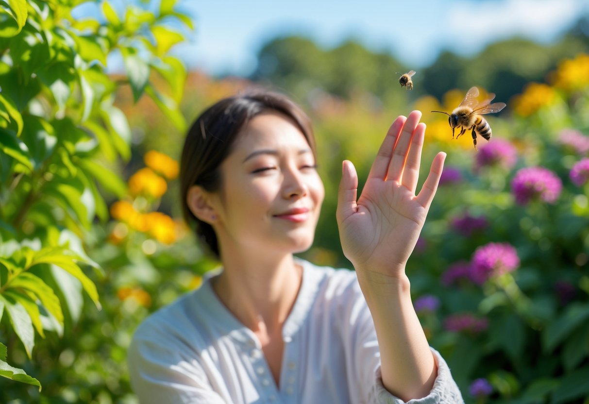 A person outdoors gently waving their hand near their face to shoo away a bee flying nearby in a garden with flowers.