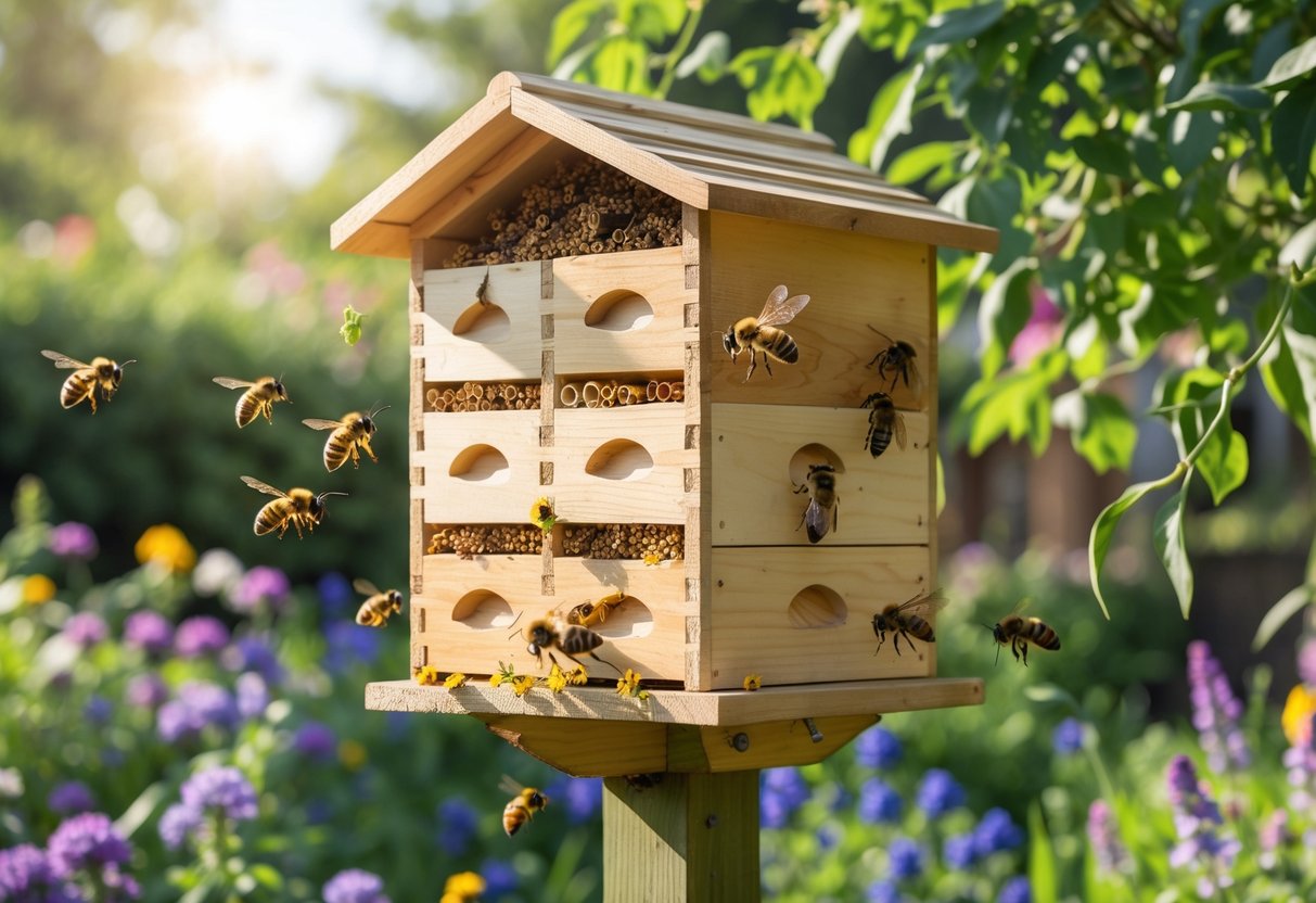 A wooden bee house on a garden post with bees flying around and colorful flowers in the background.