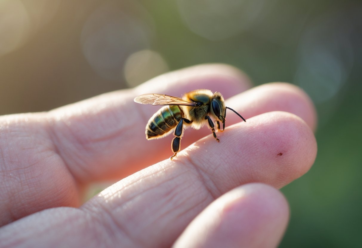 A close-up of a human finger with a small sweat bee on it and slight redness around the sting area.