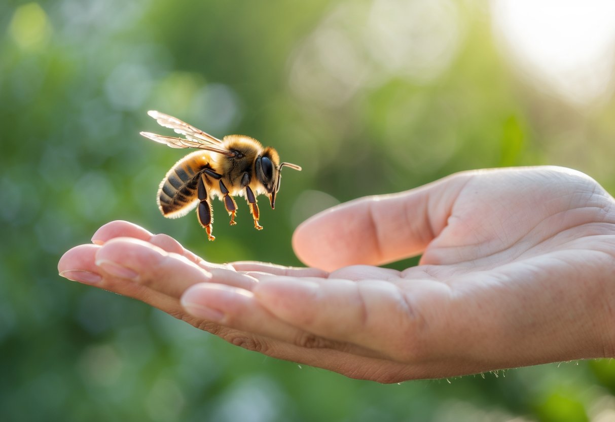 A bee flying close to a person's open hand outdoors with green plants in the background.