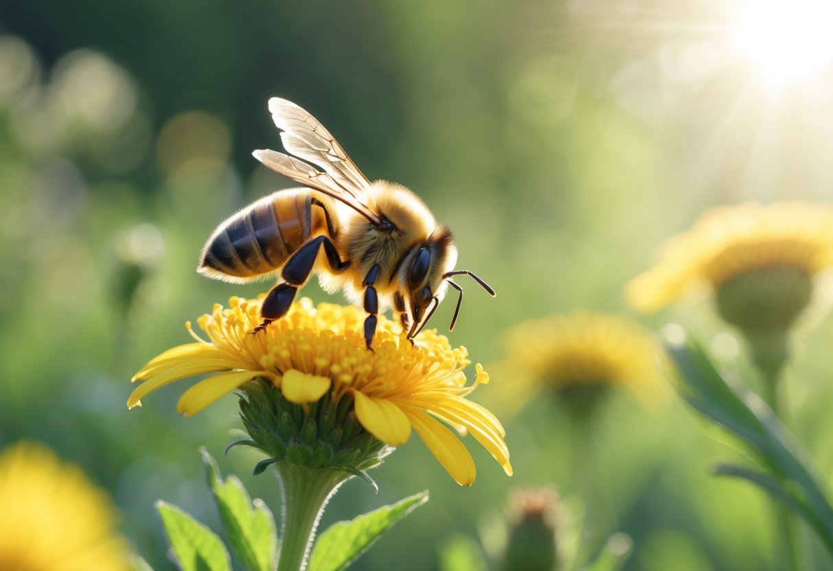 A honeybee resting on a yellow flower surrounded by green plants and soft sunlight.