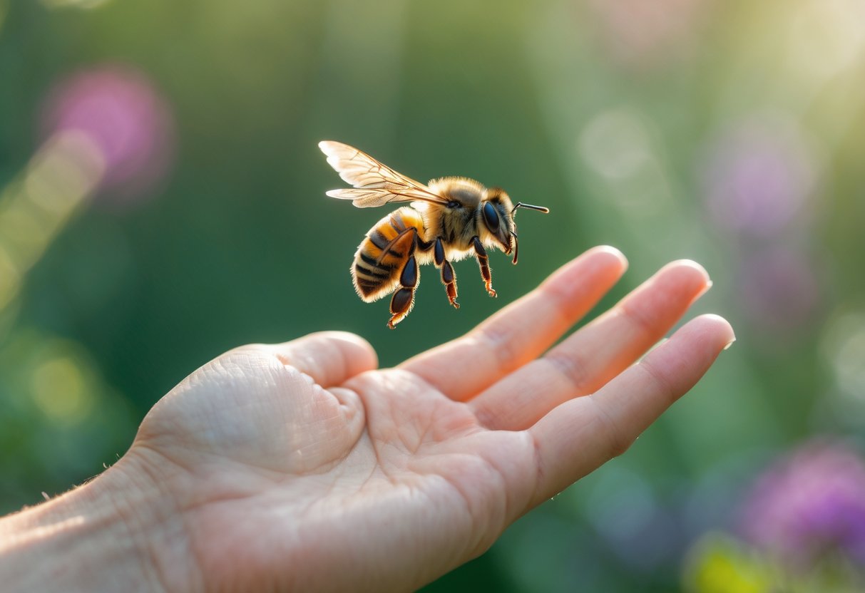A bee flying close to a human hand extended outdoors with green plants and flowers in the background.