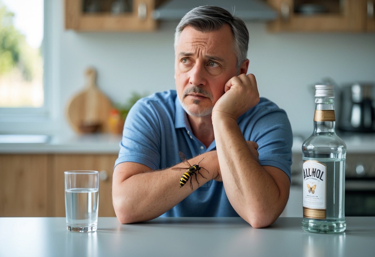 A man sitting at a kitchen table looking at a wasp sting on his arm with a glass of water and a bottle of alcohol nearby.