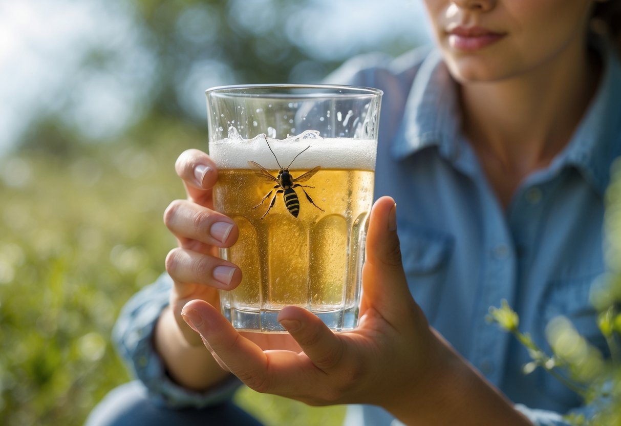 Person outdoors holding a glass of alcoholic drink while looking at a wasp sting on their hand.