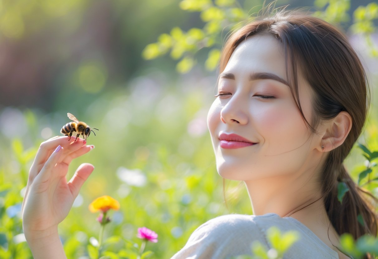 A young woman outdoors with a bee resting on her hand, smiling peacefully in a garden setting.