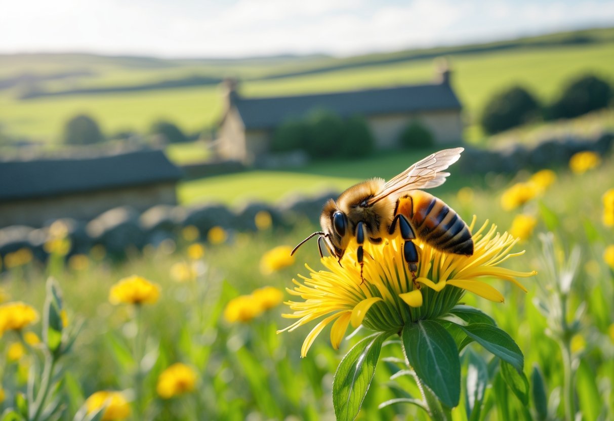 A honeybee on a yellow wildflower in a green meadow with rolling hills and a thatched-roof cottage in the background.