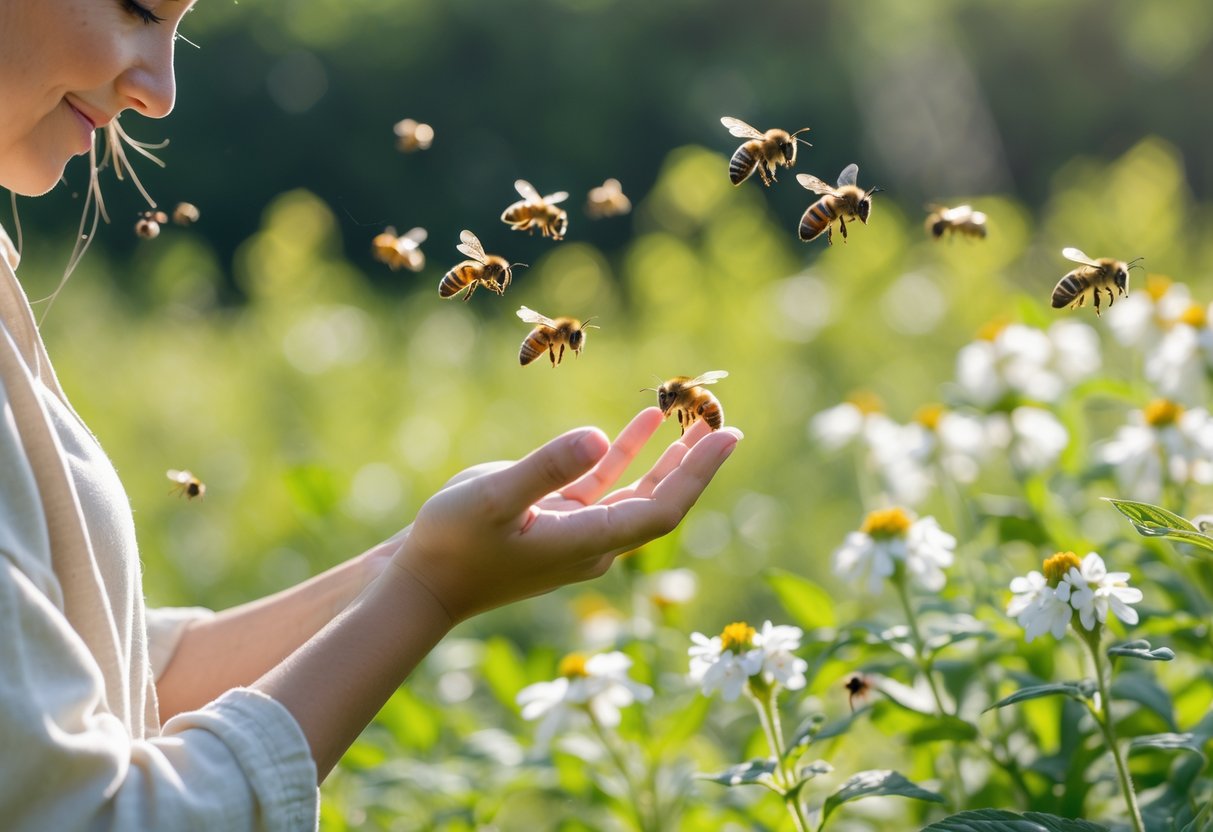 A person outdoors holding out their hand calmly while bees fly nearby but do not land on them.