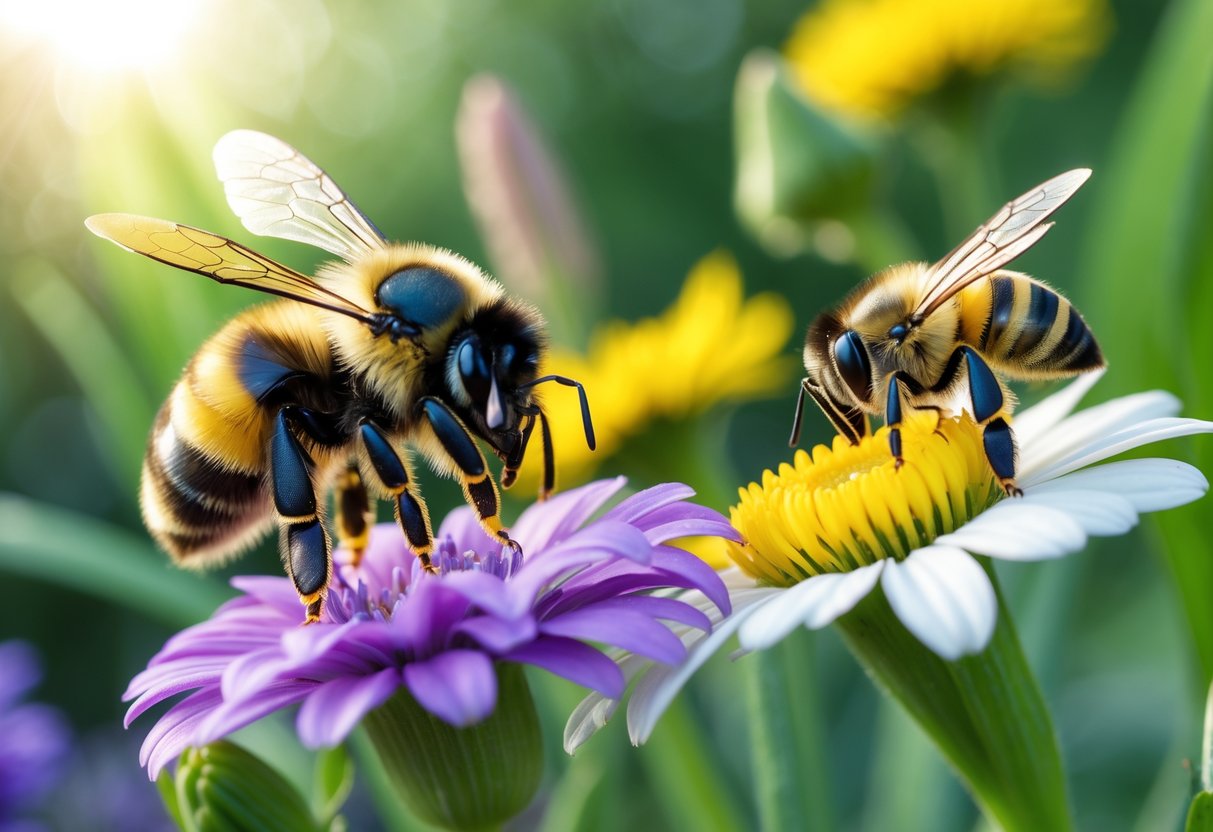 Three different bees on colorful flowers in a garden, including a bumblebee, a honeybee, and a small greenish sweat bee.