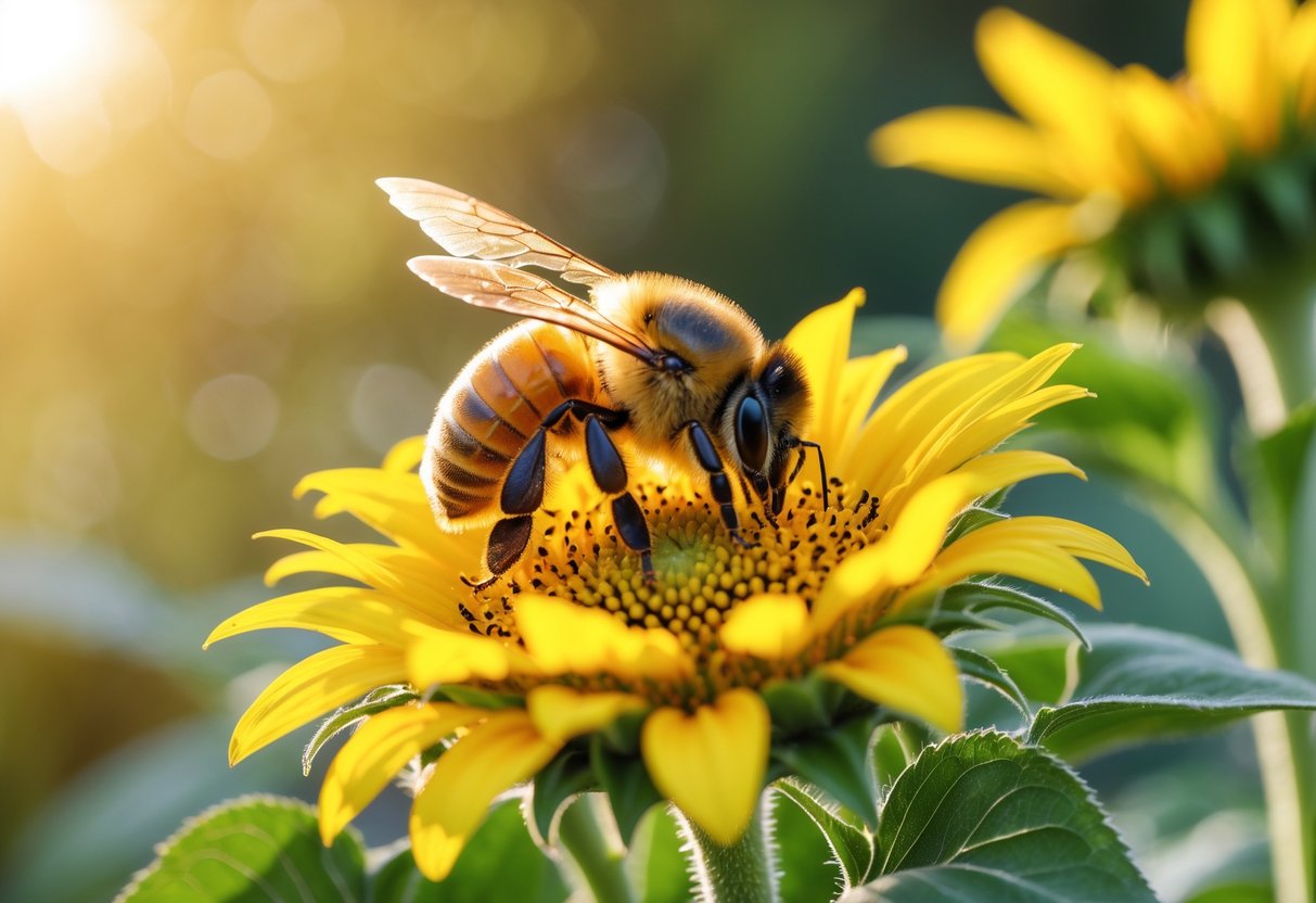 A honeybee collecting pollen on a bright yellow sunflower with green foliage in the background.