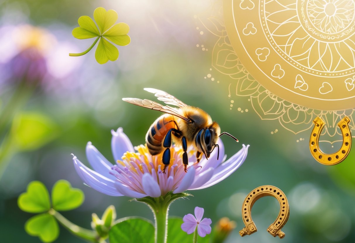 A close-up of a honeybee on a flower with subtle symbols of luck like a four-leaf clover, a horseshoe, and a mandala pattern in the background.