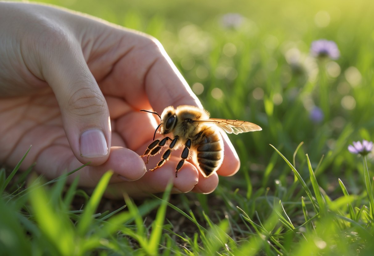 A person gently reaching down to help a bee resting on green grass outdoors.