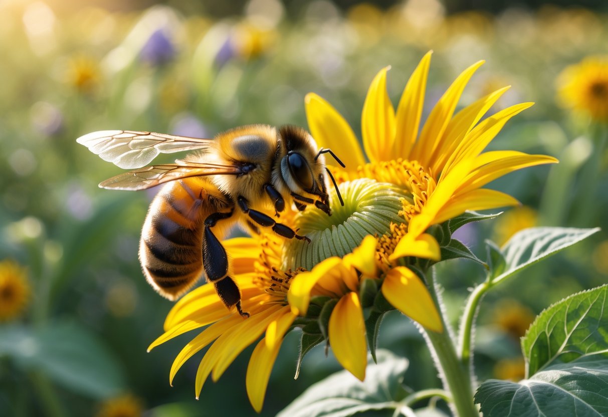 A honeybee collecting nectar from a yellow sunflower in a green meadow.