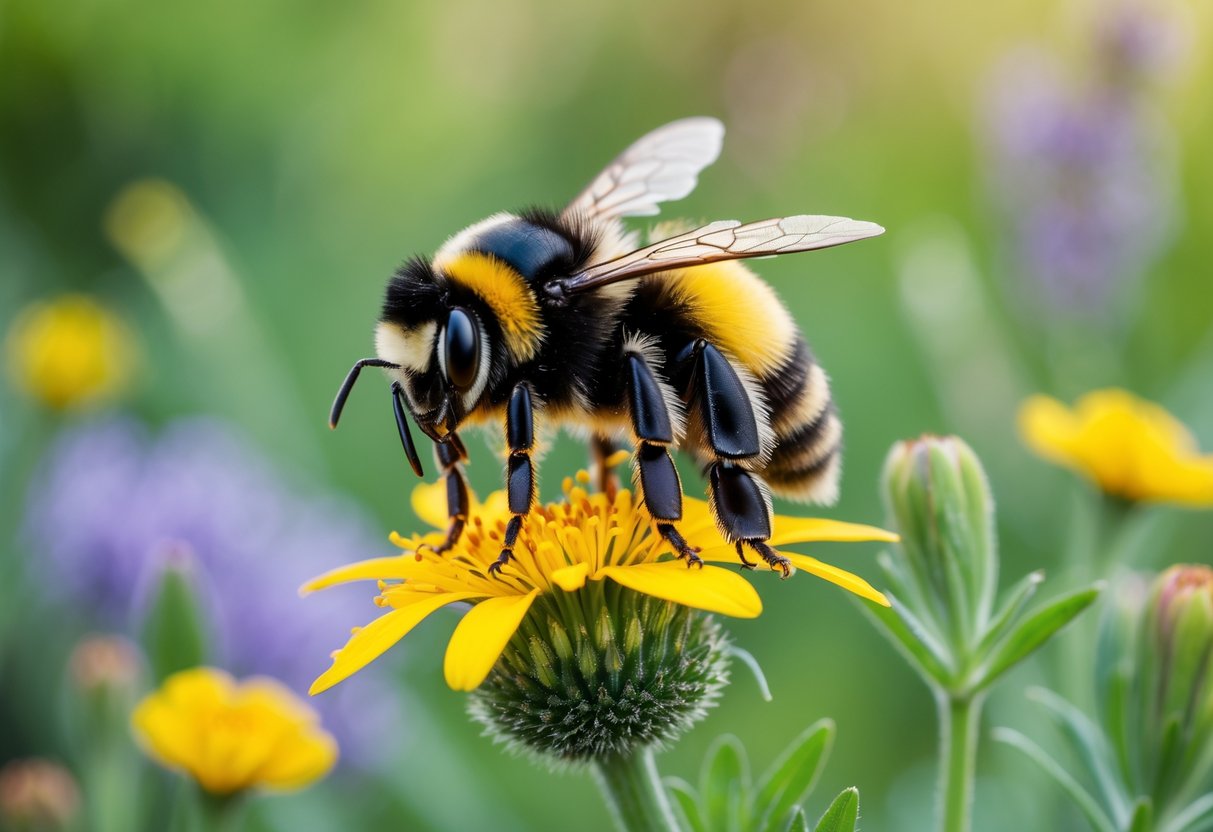 A bumblebee collecting nectar from a yellow flower in a garden.