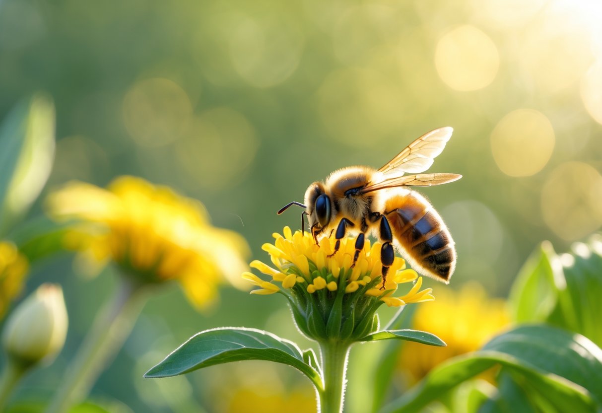 A close-up of a bee on a yellow flower in a sunlit garden with blurred greenery in the background.