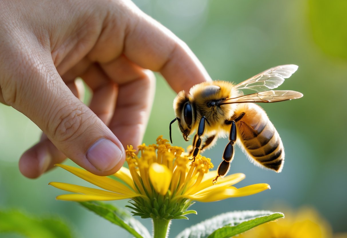 A person’s hand gently reaching toward a honeybee on a yellow flower.