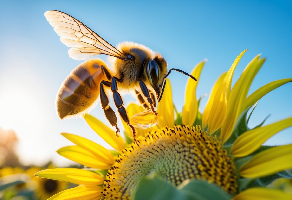 A honeybee collecting nectar from a yellow sunflower on a sunny day with a clear blue sky.