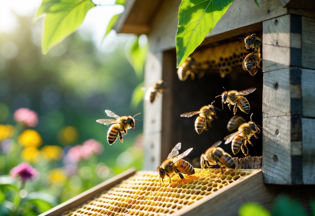 Close-up of honeybees emerging from a hive entrance surrounded by green leaves with sunlight and shade, flying and collecting pollen.