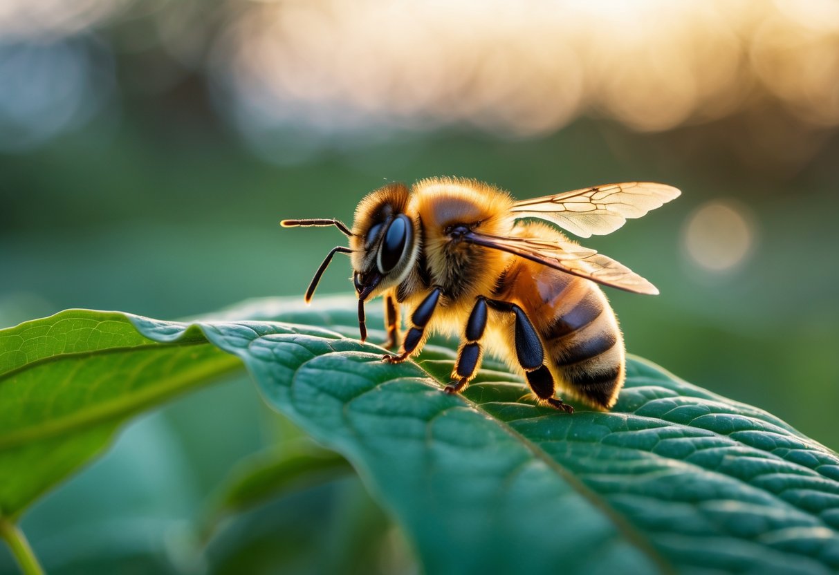 A honeybee resting quietly on a green leaf at twilight with folded wings.