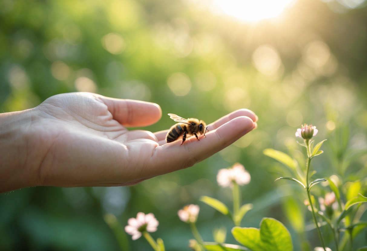 A close-up of a person’s hand with a bee resting on their finger outdoors surrounded by green foliage and sunlight.